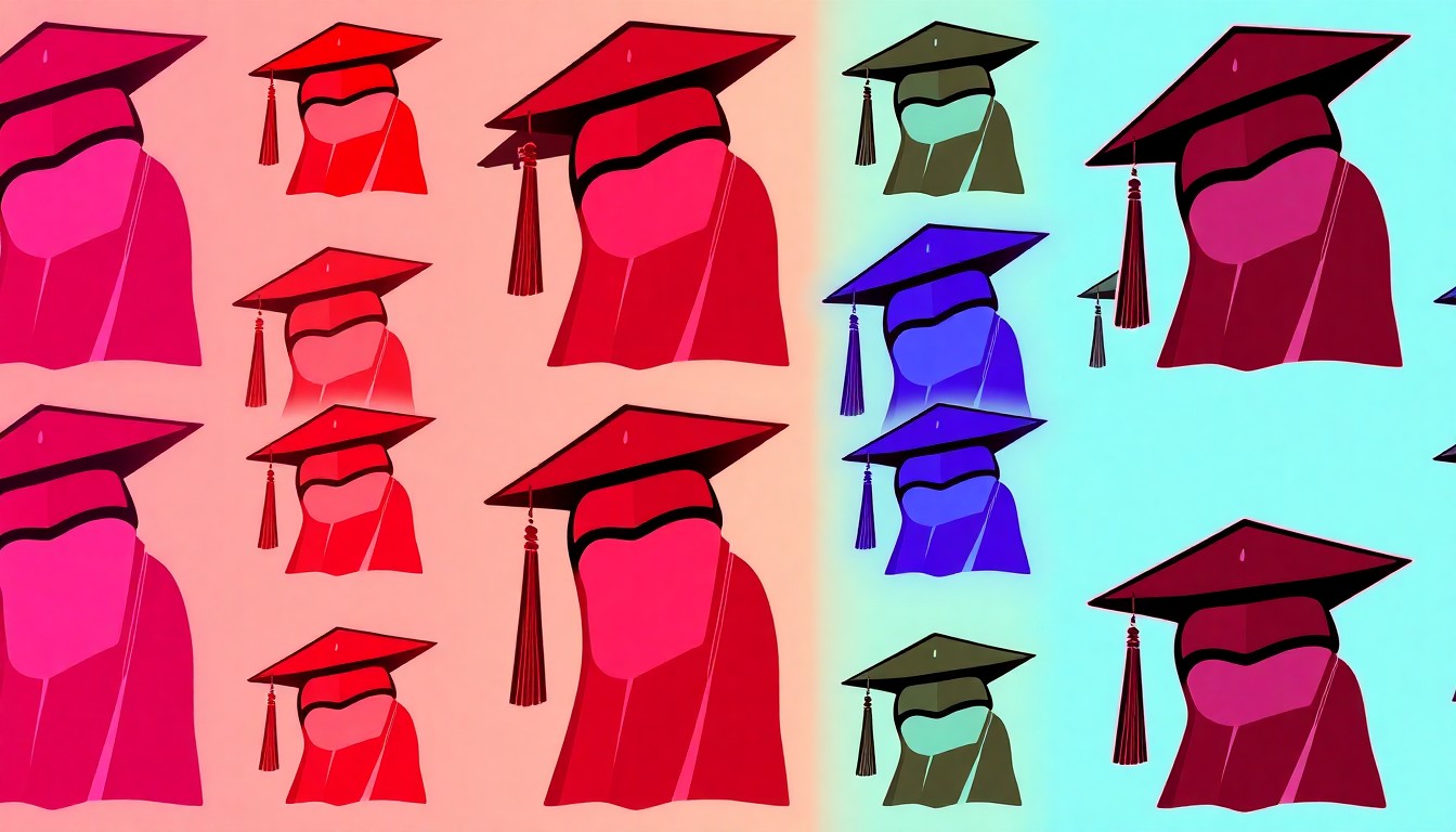 A visually striking, abstract silkscreen illustration featuring a repeating pattern of academic caps and gowns in bold, neon colors, conceptually representing the debate over academic integrity and institutional responsibility.