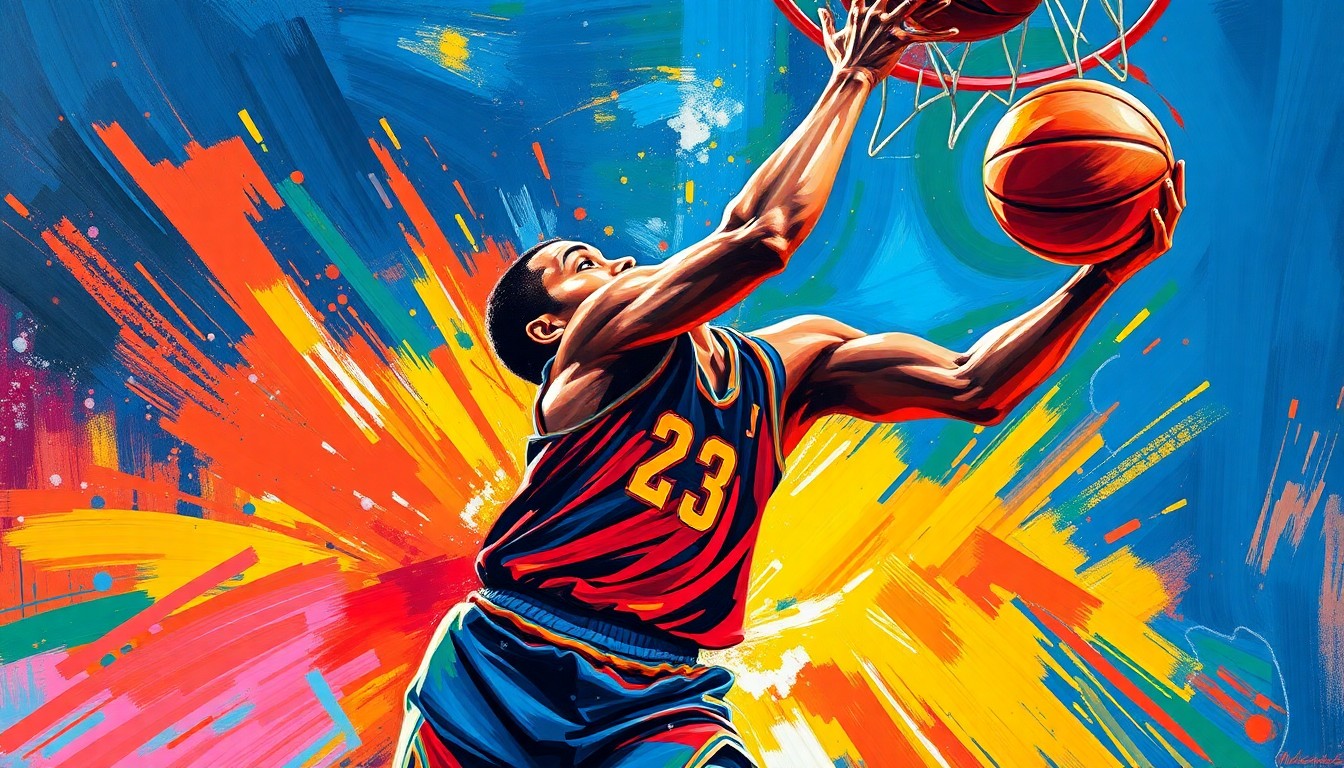 An abstract, energetic painting with vibrant brushstrokes in neon shades of blue, pink, and orange, conceptually representing the dynamic scoring ability and athletic talent of a professional basketball player.