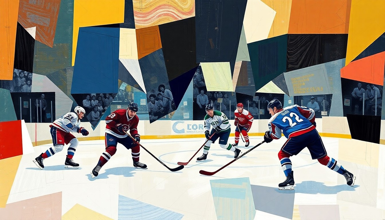 A cubist, geometric painting depicting the chaotic energy and movement of a college hockey game, with sharp, overlapping planes of color and form.