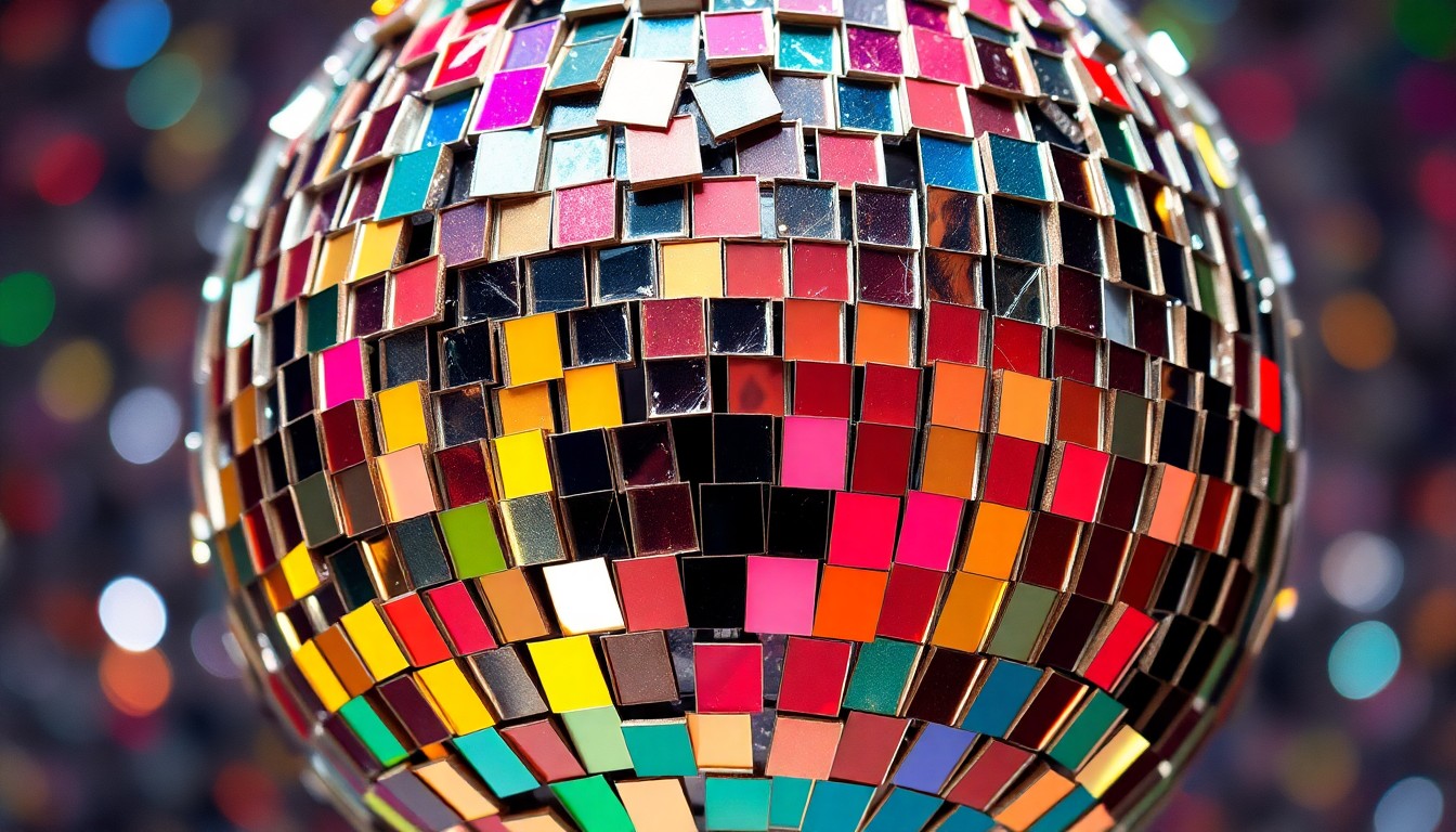 An extreme close-up of a shattered, glittering disco ball reflecting a kaleidoscope of colors, conceptually representing the fragmented and reconstructed nature of personal identity.