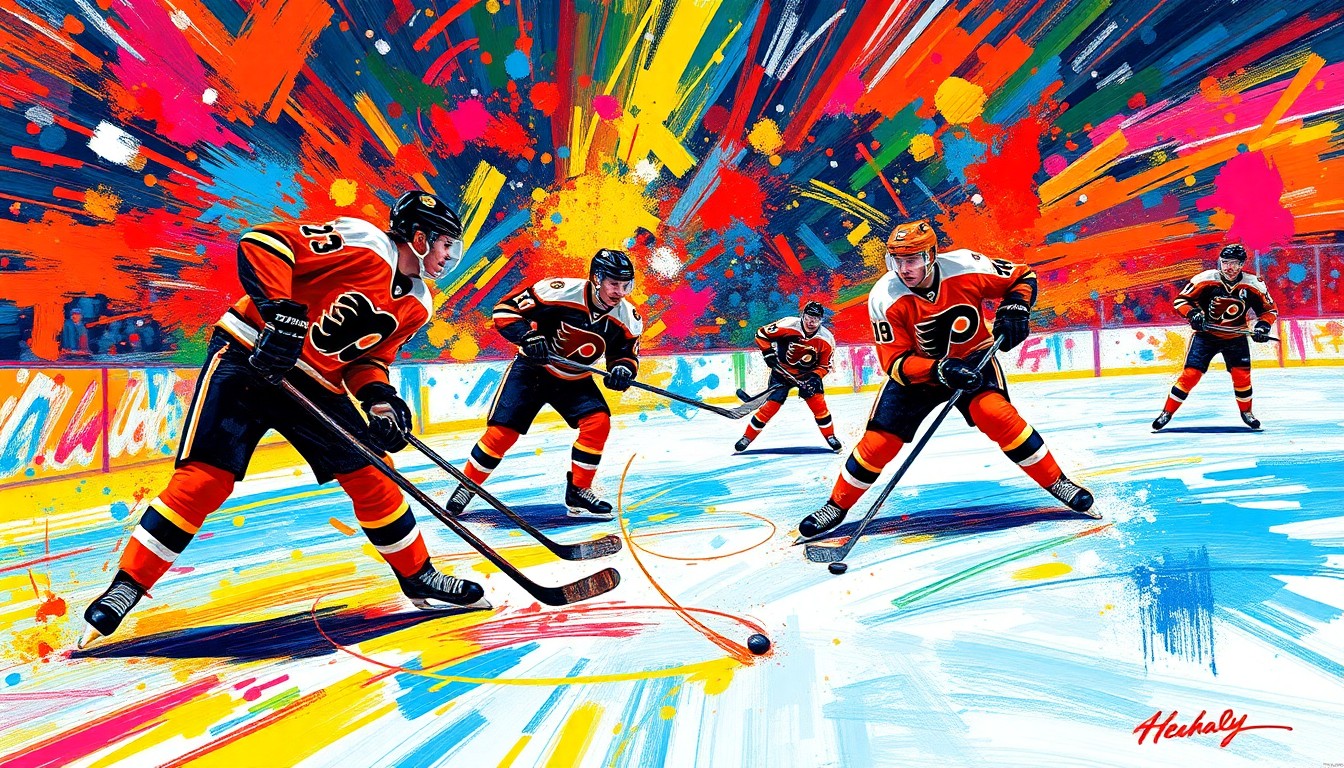 An abstract, expressionist painting in vibrant neon colors capturing the raw energy and intensity of a high-scoring NHL hockey game, with the players' movements and the puck's trajectory dissolving into unrecognizable splatters of color.