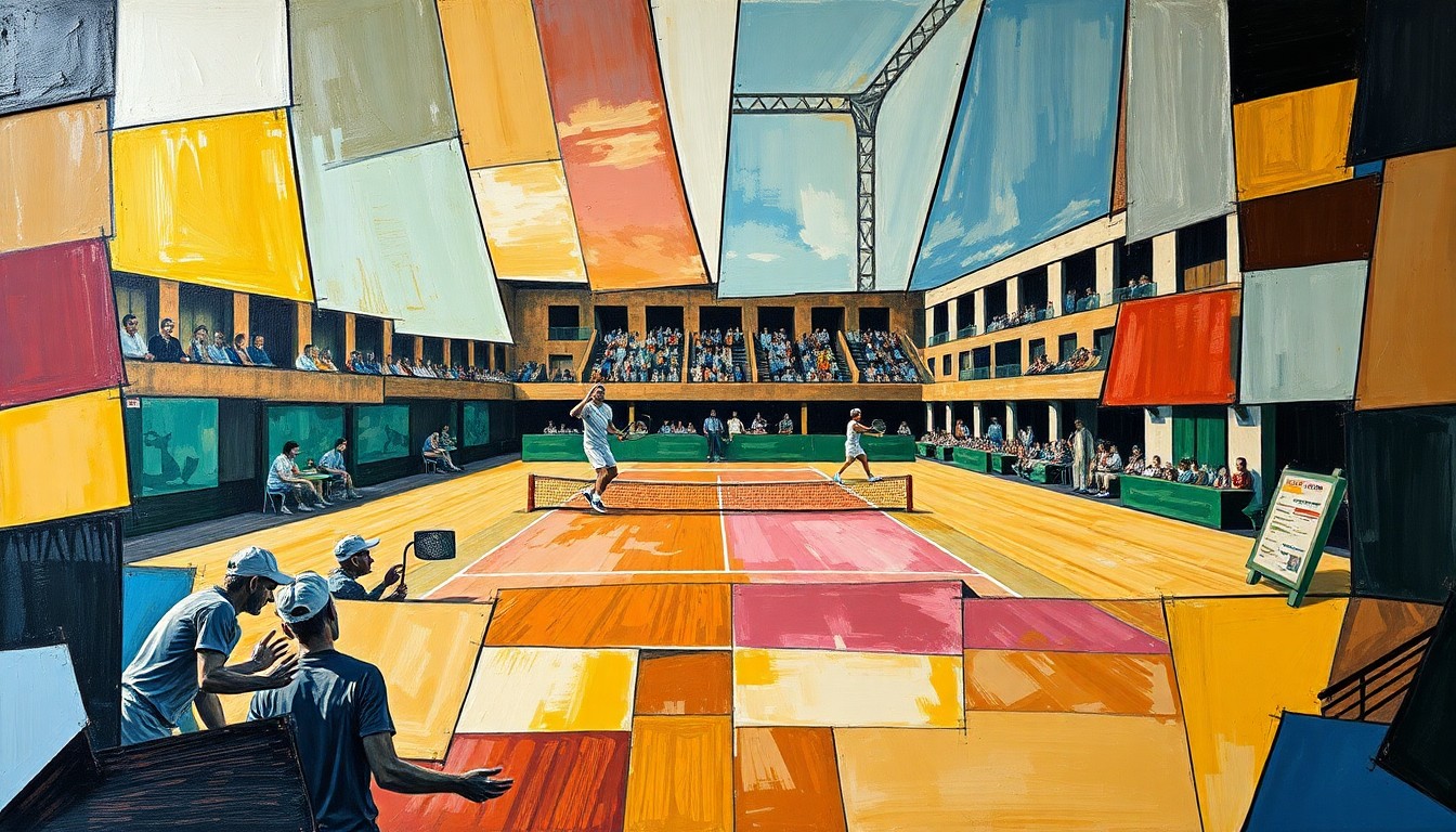 A cubist, geometric painting depicting a tennis match between two players, with the court and players broken down into sharp, overlapping planes of color and form, capturing the dynamic energy and tension of the game.
