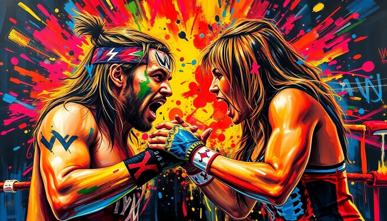 An abstract, expressionist painting in neon colors depicting the intense energy and action of a professional wrestling match, with the figures of AJ Lee and Becky Lynch blending into the vibrant brushstrokes.