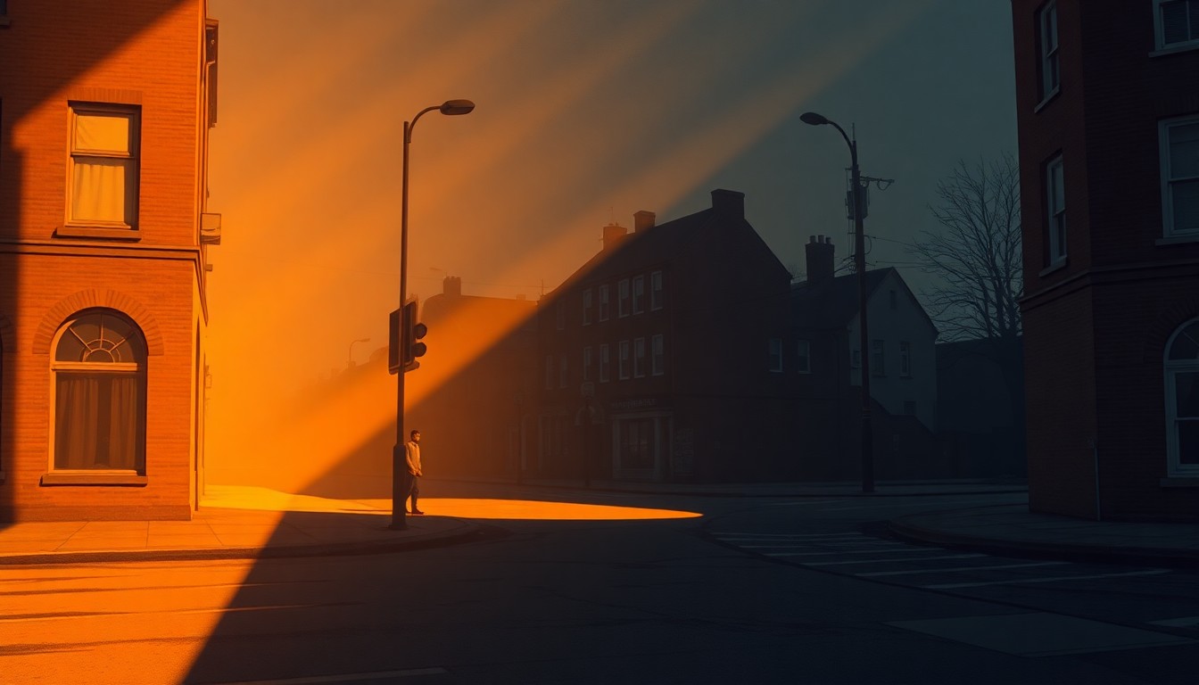 A cinematic painting of a quiet Birmingham street corner, with warm sunlight and deep shadows casting a melancholic mood over a lone figure in the distance, conveying the political disillusionment expressed by the focus group.