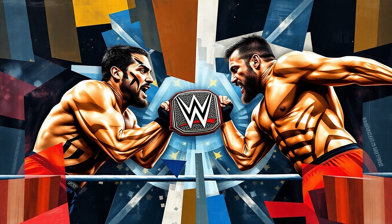 A fragmented, cubist-style painting depicting a WWE championship match, with the wrestlers' bodies and the ring broken down into sharp, overlapping geometric shapes and planes in a dynamic, abstract composition.