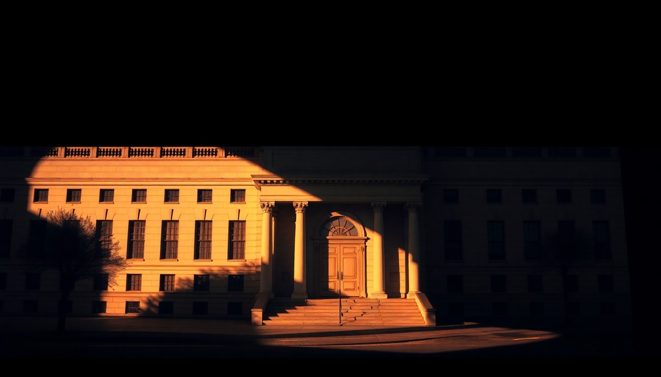 A quiet, cinematic painting of an empty San Francisco city hall building, bathed in warm, diagonal sunlight and deep shadows, conceptually representing the melancholy and uncertainty of the municipal budget crisis.