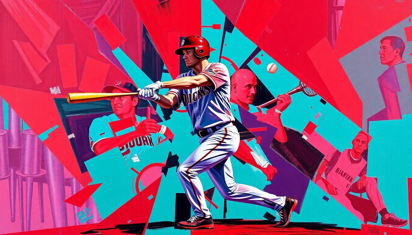A fragmented, geometric painting depicting a baseball player's batting motion, with sharp planes of red, teal, and purple representing the Arizona Diamondbacks' team colors.