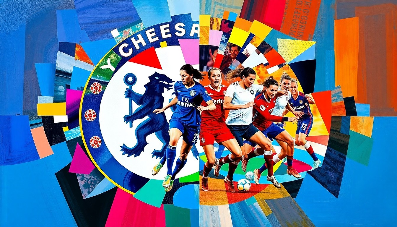A fragmented, geometric painting in vibrant colors representing the Chelsea and Tottenham teams, with the players' movements and actions broken down into abstract shapes and planes, conveying the intensity and drama of the Women's FA Cup quarterfinal match.