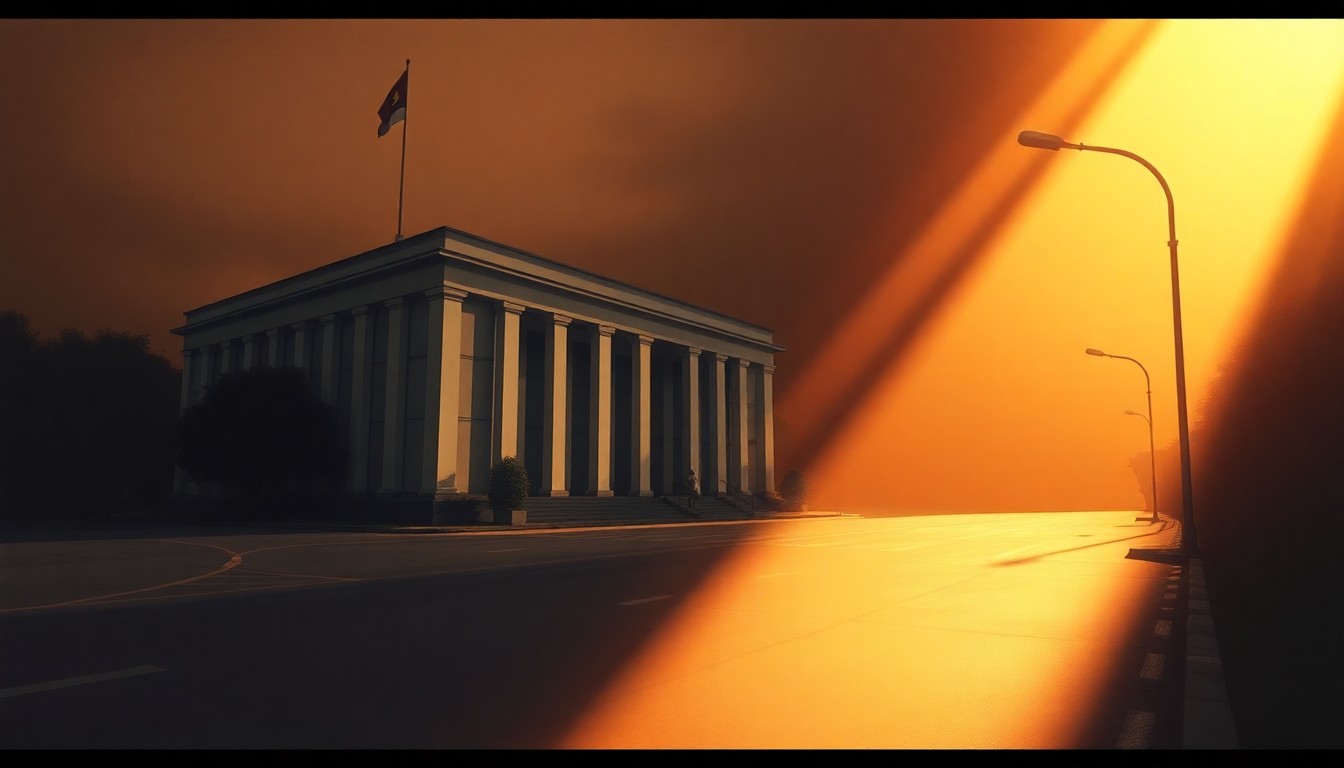 A serene, photorealistic painting of a Malaysian government building in warm, golden light, with deep shadows suggesting an underlying tension and uncertainty surrounding the legal proceedings.