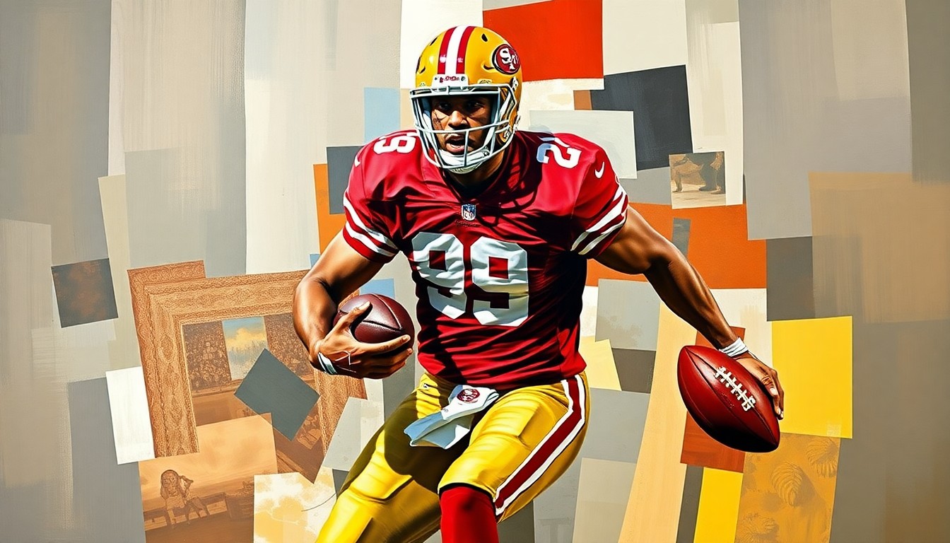 A fractured, geometric painting depicting a football player in mid-motion, their jersey in the 49ers' colors of scarlet red and gold, representing the intersection of sports and urban violence.