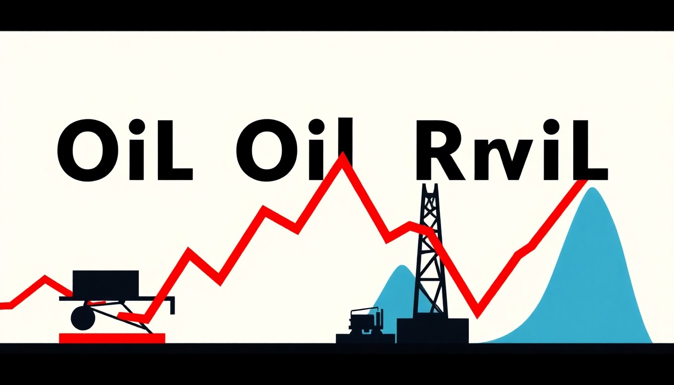 A geometric abstract illustration featuring intersecting triangles and circles in shades of blue, red, and yellow, conceptually representing the volatility and interconnectedness of the global oil market.