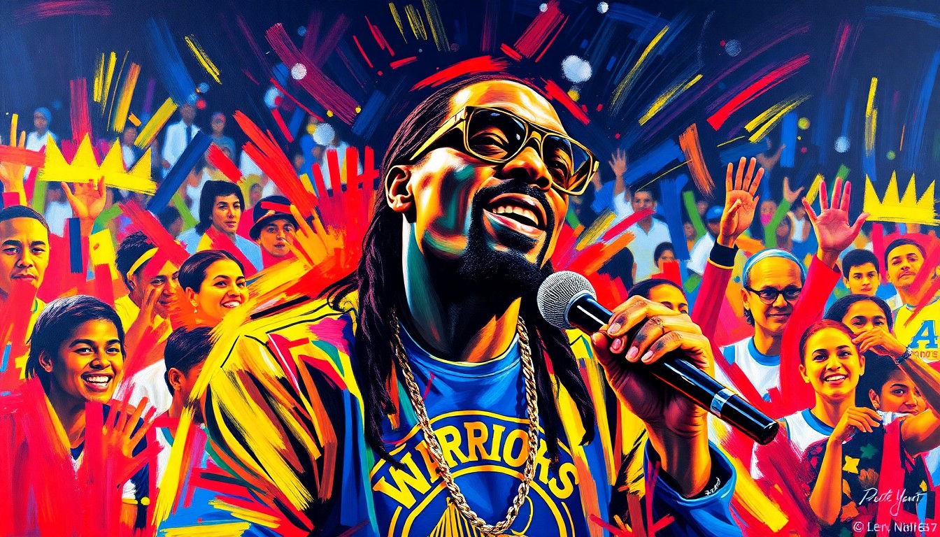 An abstract, expressionist painting featuring vibrant brushstrokes in neon colors, capturing the raw energy and passion of Snoop Dogg's guest commentary during the Warriors-Clippers game.