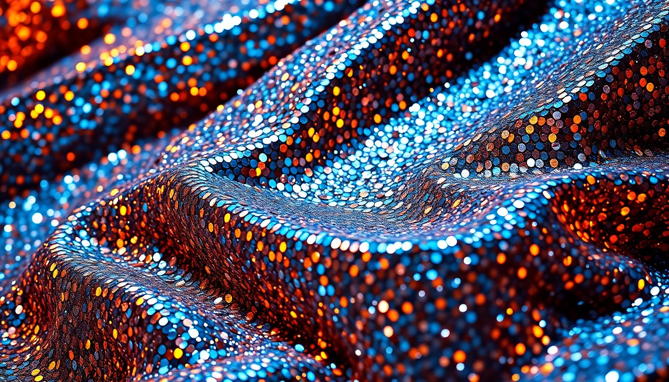 An extreme close-up of shimmering, high-contrast textures in vibrant colors like gold, silver, and deep purple, conceptually representing the glamour and energy of the K-pop music industry.