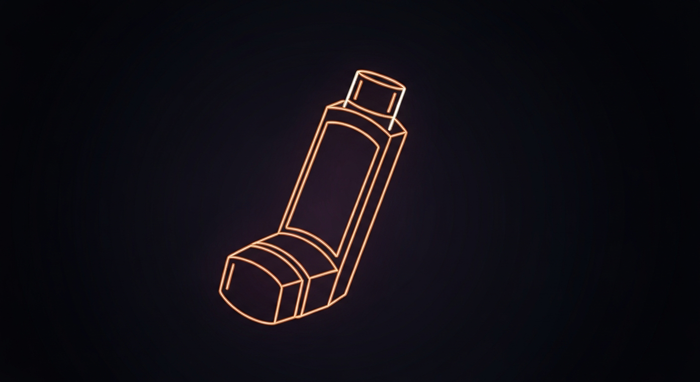 A minimalist neon outline of a medical inhaler or nebulizer against a dark background, conveying the critical importance of these devices for managing respiratory issues during periods of poor air quality.