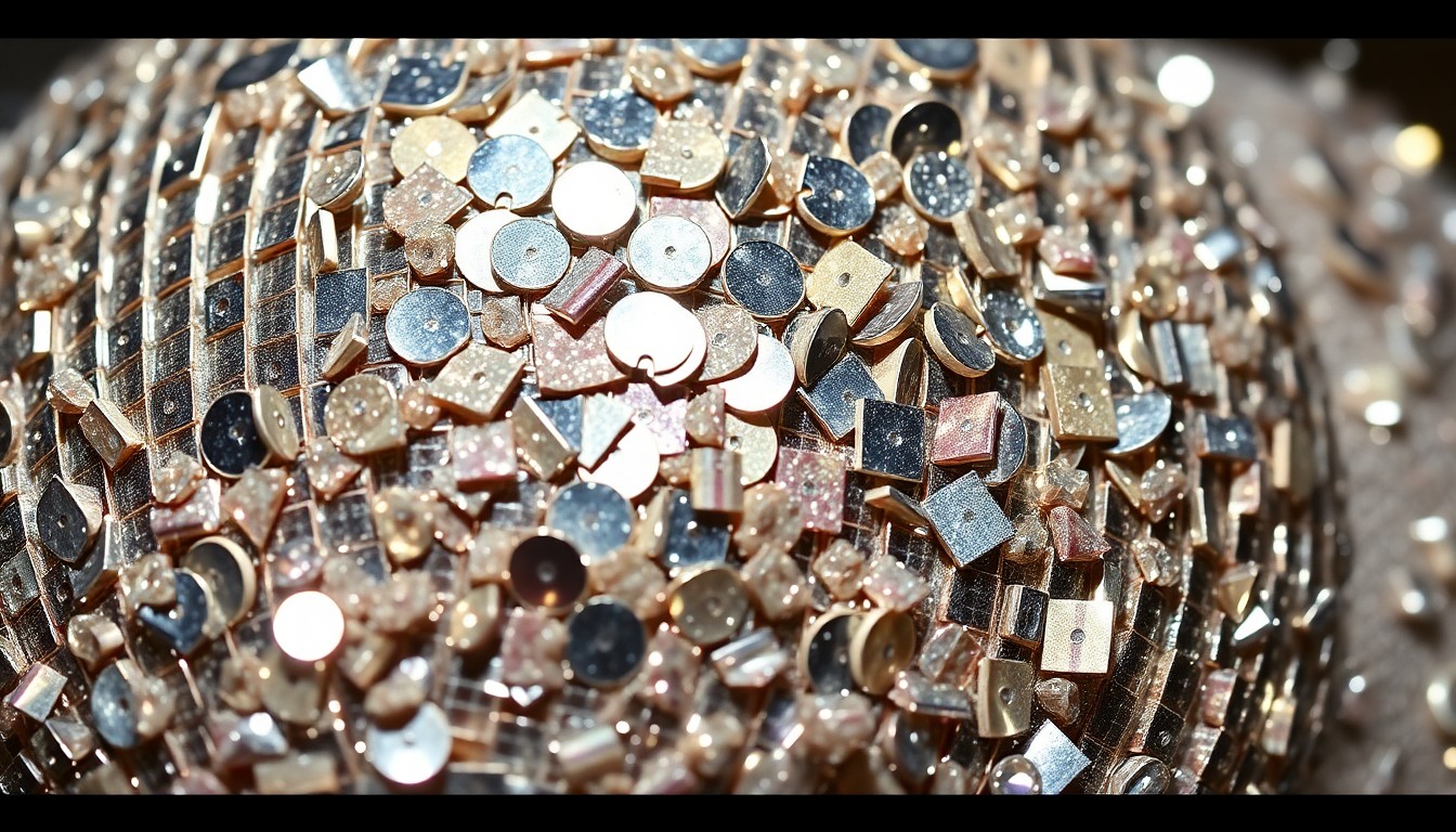 An extreme close-up photograph of shimmering sequins and glittering disco ball fragments, capturing the high-fashion glamour and celebrity culture of early 2000s reality TV.