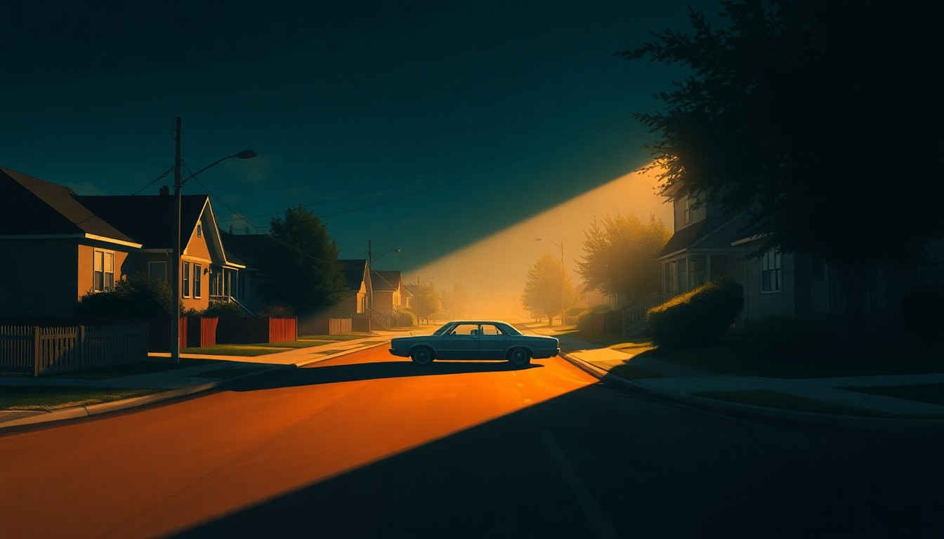 A photorealistic painting of a lone car parked on a suburban street, with warm sunlight and deep shadows creating a cinematic, melancholy mood that evokes the emotional weight of the story.