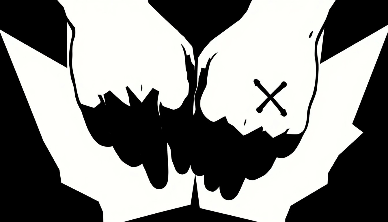 An abstract, minimalist illustration depicting a pair of hands with bold, jagged 'X' tattoos, symbolizing the complex journey of addiction and recovery.