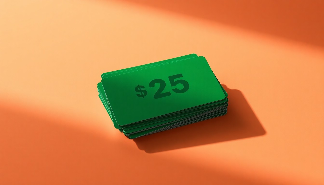 A high-end, photorealistic studio still-life photograph featuring a stack of premium $25 gas gift cards arranged elegantly on a clean, monochromatic background, conceptually representing the credit union's community support program.