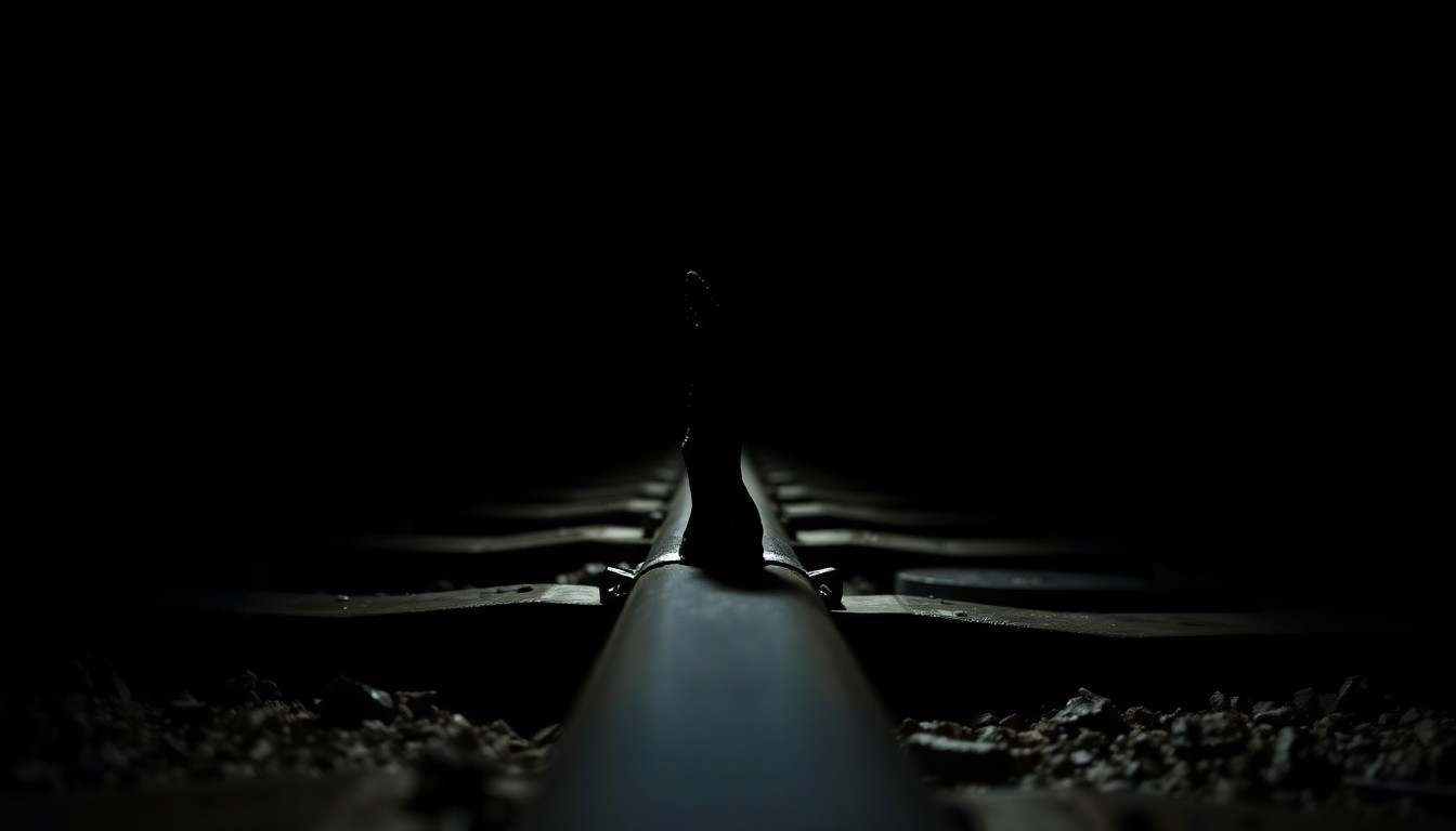 An extreme close-up photograph of a single railroad spike or piece of twisted metal from the train tracks, lit by a harsh, direct camera flash against a pitch-black background, conceptually illustrating the gritty details of a tragic train accident.