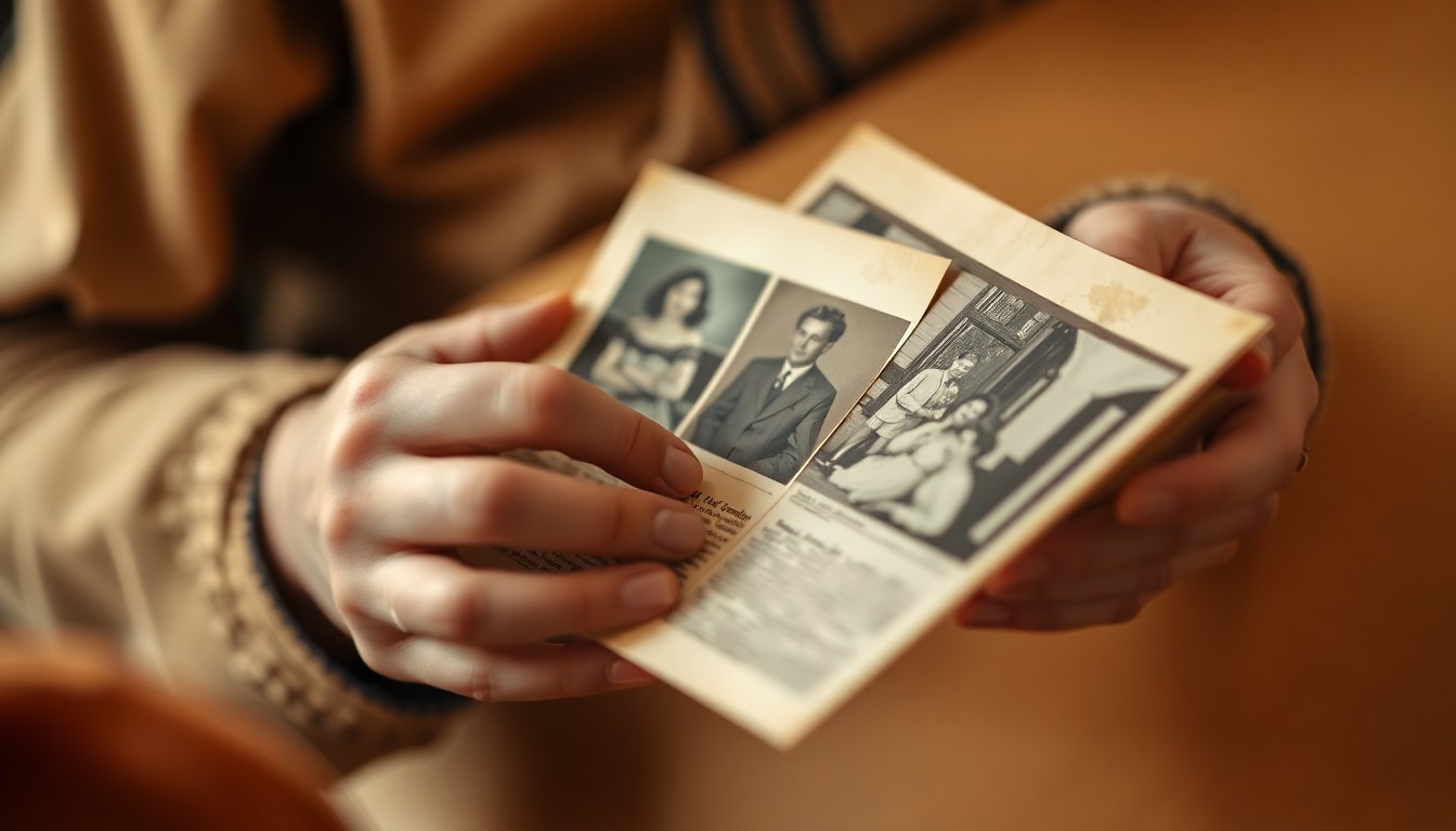 An extremely abstracted, out-of-focus photograph in soft pools of warm color and light, depicting the hands of a young person carefully handling old photographs and documents, representing the act of preserving family history and the stories of Holocaust survivors.