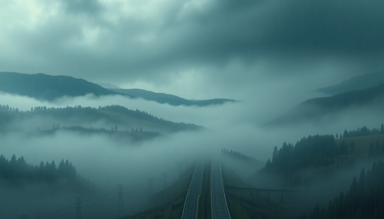 A sweeping, atmospheric landscape painting in muted tones of grey, blue, and green, with a faint interstate highway cutting through the center, partially obscured by heavy rain and fog, conveying the overwhelming scale of the natural environment and the vulnerability of vehicles on the road.