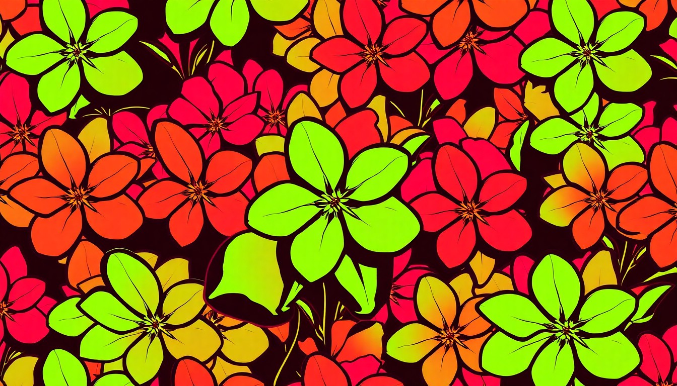 A bold, colorful silkscreen-style illustration featuring a repeating grid pattern of a single azalea flower in vibrant neon hues, conceptually representing the vibrant and iconic azalea displays found at the Masters golf tournament.