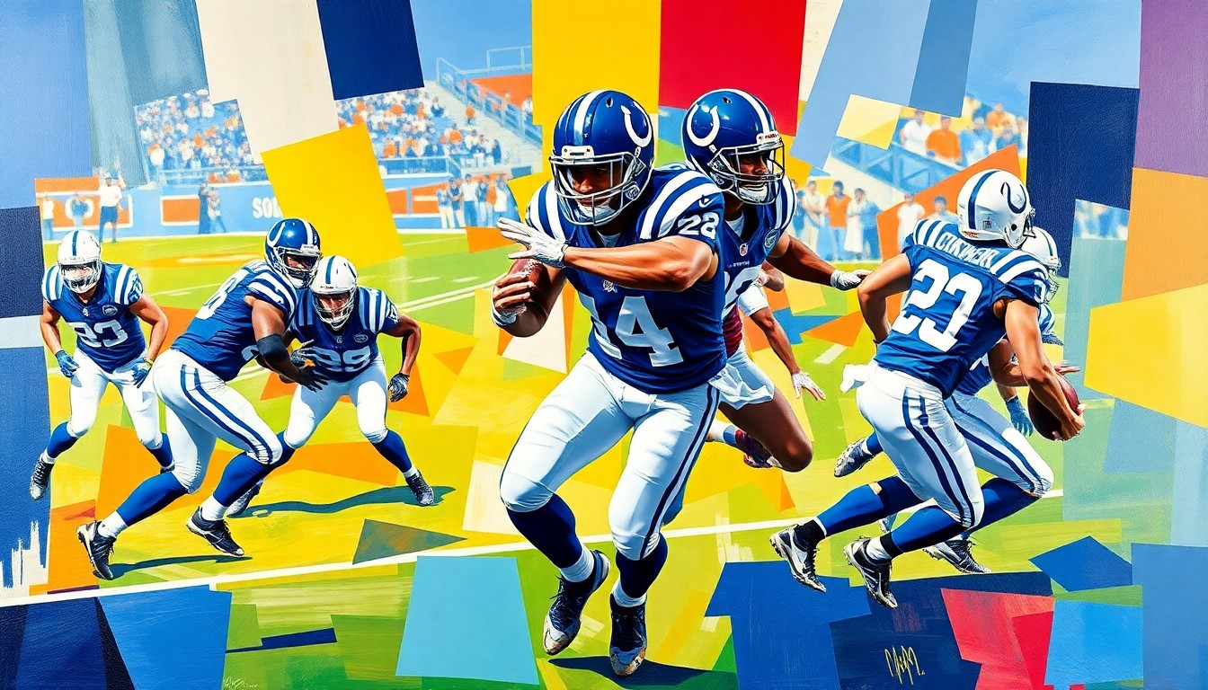 A fragmented, cubist-style painting depicting an NFL cornerback in coverage, with sharp geometric planes in the Colts' team colors of blue and white, conceptually representing the intricate skills required for lockdown pass defense.