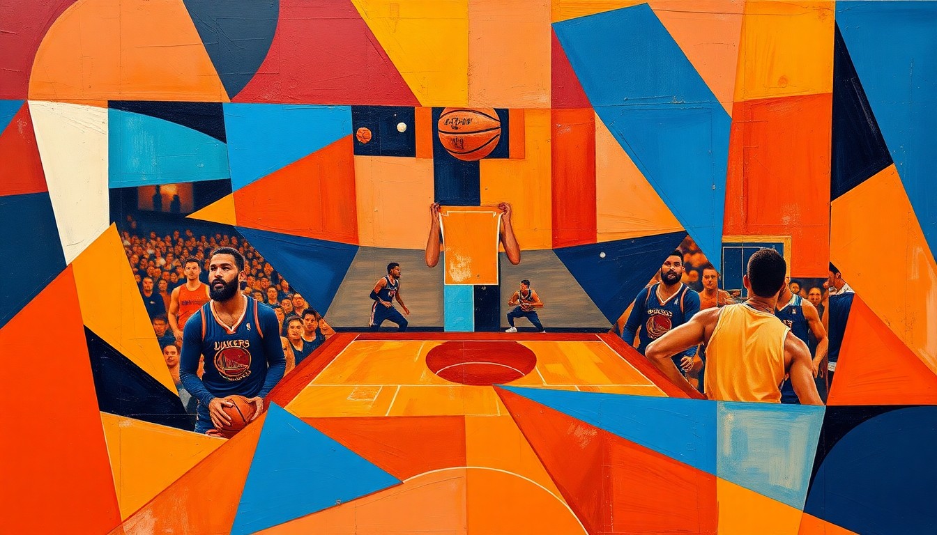 A cubist-style painting featuring fragmented, geometric shapes in shades of orange, red, and blue, conceptually representing the breakdown of a basketball game due to a betting scandal.