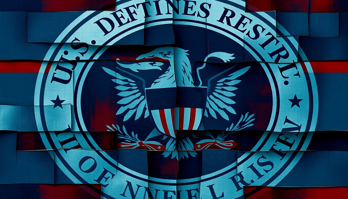 A dynamic, abstract painting featuring the overlapping and fractured shapes of the DOJ logo and Federal Reserve seal, rendered in a bold color palette of blues, grays, and reds, conveying the sense of a high-stakes political and legal battle.