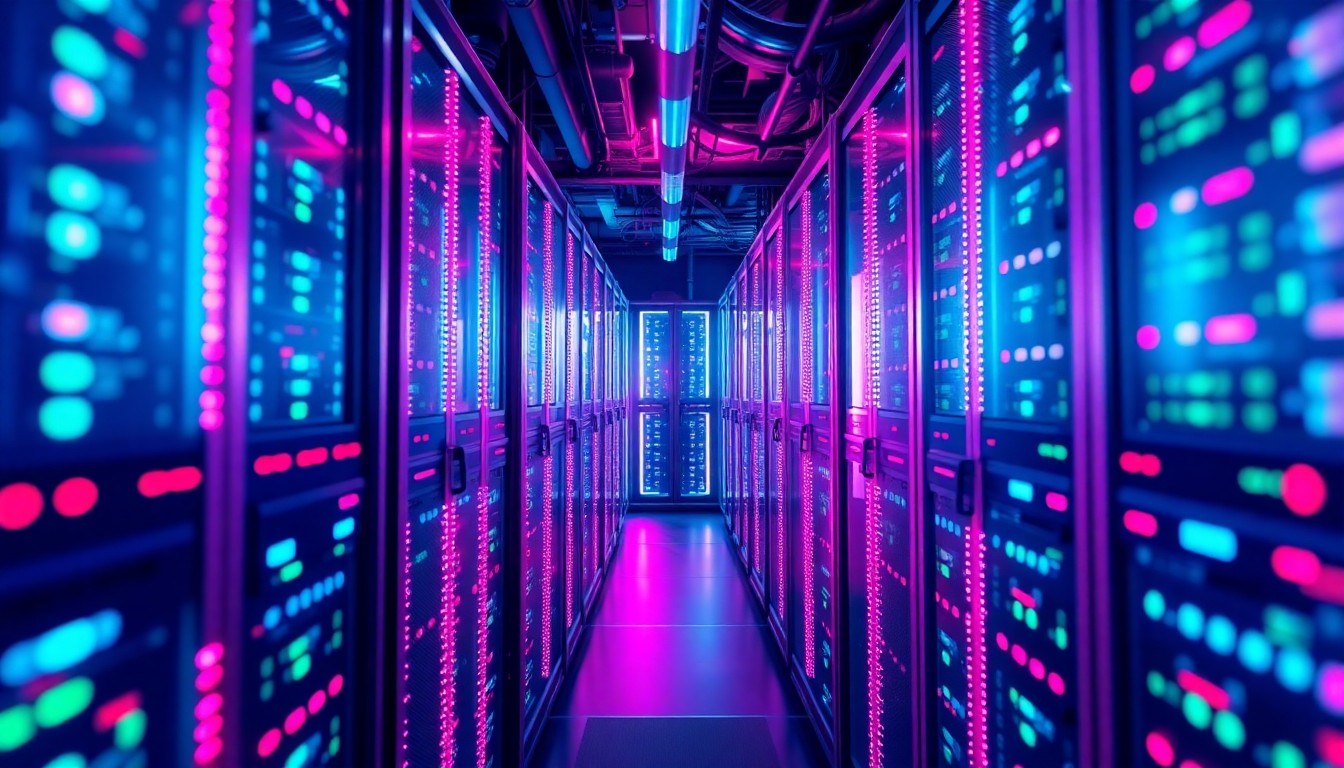 A highly detailed, glowing 3D illustration of physical Android technology infrastructure, such as server racks or networking equipment, illuminated by neon cyan and magenta lights, conceptually representing the software updates and security patches that keep the Android ecosystem running smoothly.