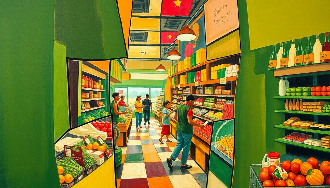 A heavily fragmented, cubist-style painting depicting the bustling scene of a community grocery store celebration, with bright colors and abstract geometric shapes representing the energy and diversity of the event.