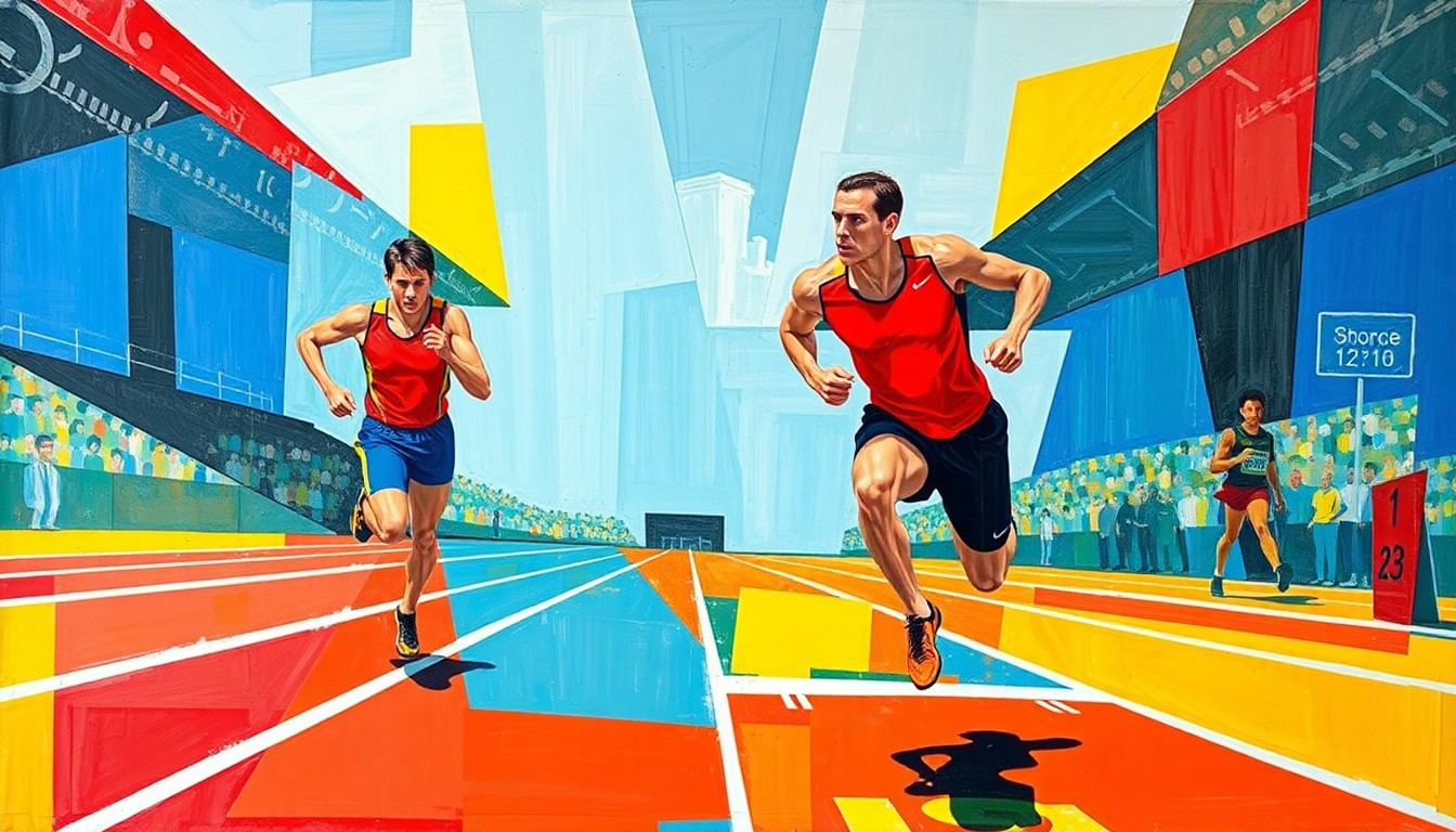 A cubist, geometric painting depicting a fragmented track and field competition, with overlapping planes of primary colors like red, blue, and yellow.