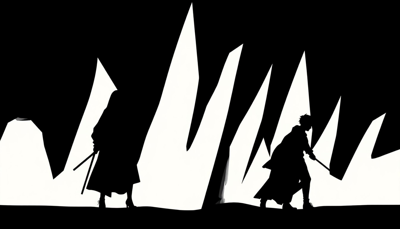 An abstract, minimalist composition of bold, jagged geometric shapes and silhouettes in high-contrast red and white, conceptually representing the K-pop and supernatural elements of the film 'KPop Demon Hunters.'