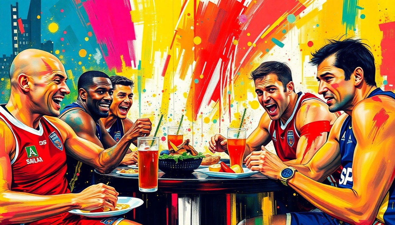 An abstract expressionist painting in vibrant neon colors, featuring dynamic brushstrokes that capture the energy and movement of athletes enjoying a post-game meal, with no recognizable faces or logos.