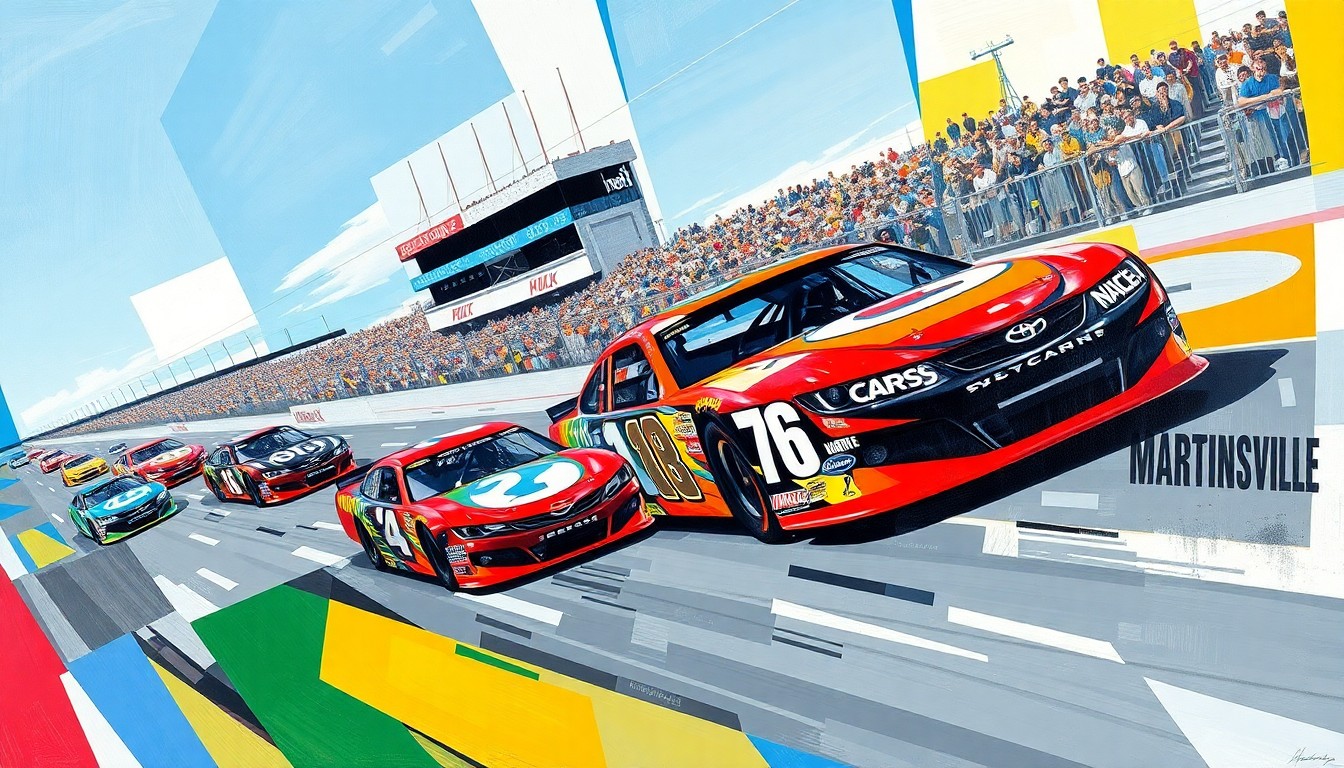 A cubist, geometric painting depicting the dynamic motion and energy of NASCAR cars racing on the Martinsville short track, with sharp, overlapping planes of color representing the evolving conditions and strategic factors that can decide the outcome.
