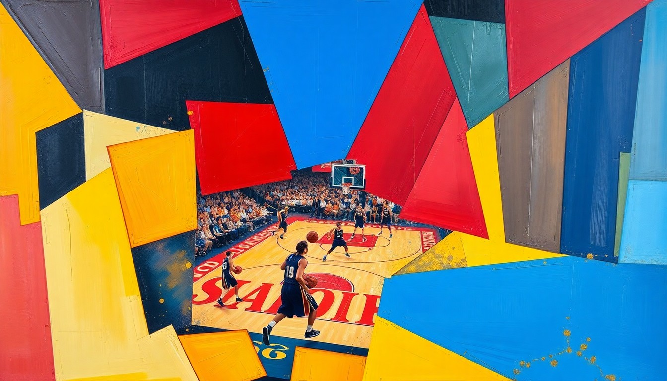 A fractured, geometric painting in bold, vibrant colors capturing the dynamic movement and intensity of a women's basketball game.