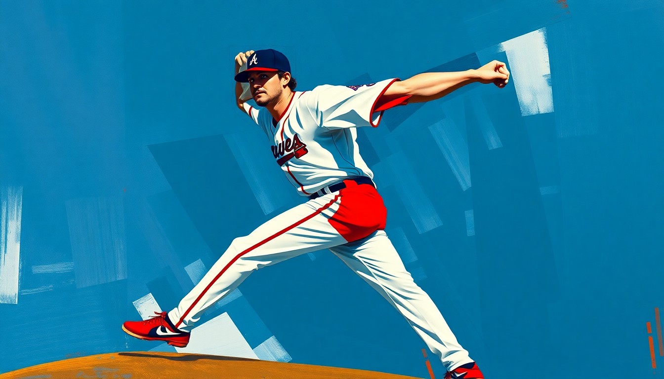 A fractured, multi-perspective painting depicting the motion of a baseball pitcher, broken down into sharp, overlapping geometric planes in vibrant navy blue, red, and white colors.