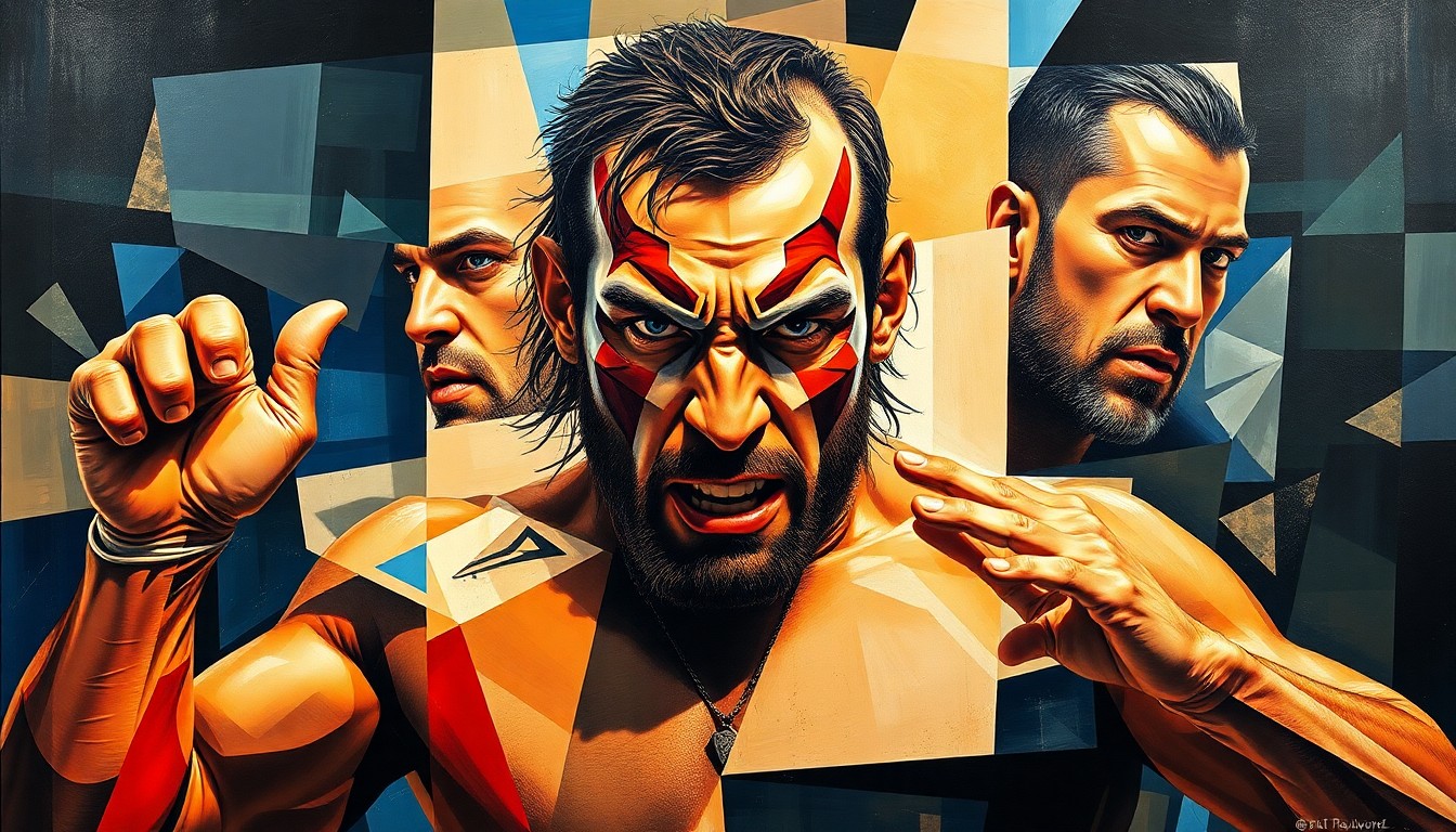 A cubist, geometric painting depicting the powerful movements and intense expressions of a professional wrestler, broken down into sharp, overlapping planes of color and form.