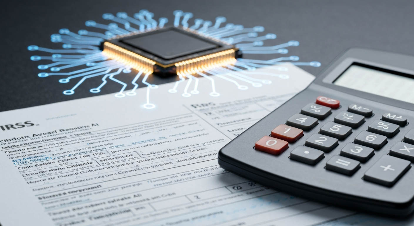 An extreme close-up photograph of an IRS tax form and calculator, with a glowing computer chip in the background, conceptually representing the use of advanced AI and chatbots by the IRS to analyze tax returns.