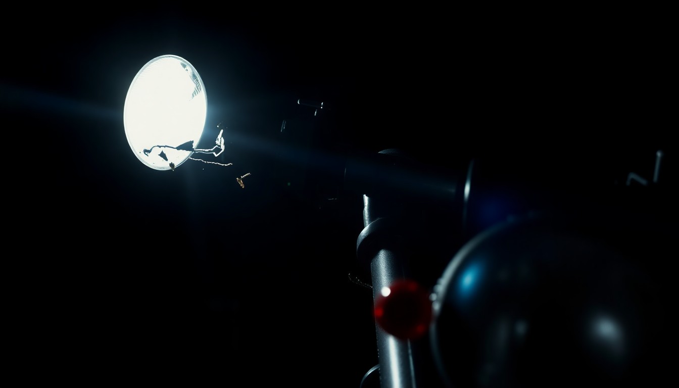 An extreme close-up photograph of a damaged motorcycle part, such as a twisted handlebar or shattered taillight, lit by a harsh, direct camera flash against a pitch-black background, conceptually illustrating the tragic aftermath of a fatal motorcycle accident.