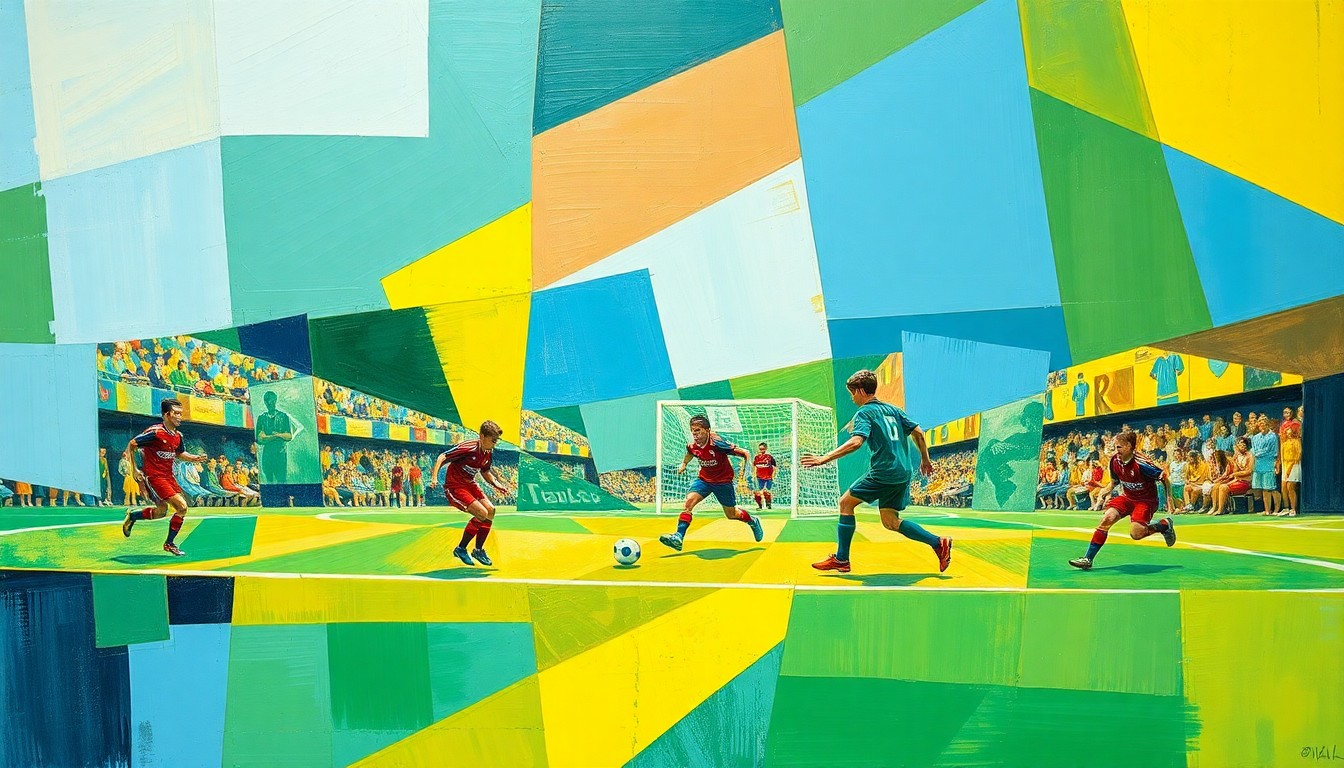 A cubist, geometric painting depicting the dynamic action of a youth football match, with overlapping planes of color and form representing the energy and movement of the game.