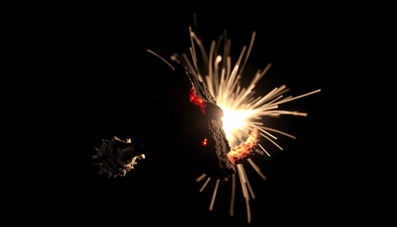 An extreme close-up of a charred, twisted piece of metal from the fireworks warehouse explosion, captured in stark, gritty detail under harsh lighting to convey the sudden, investigative nature of the tragedy.