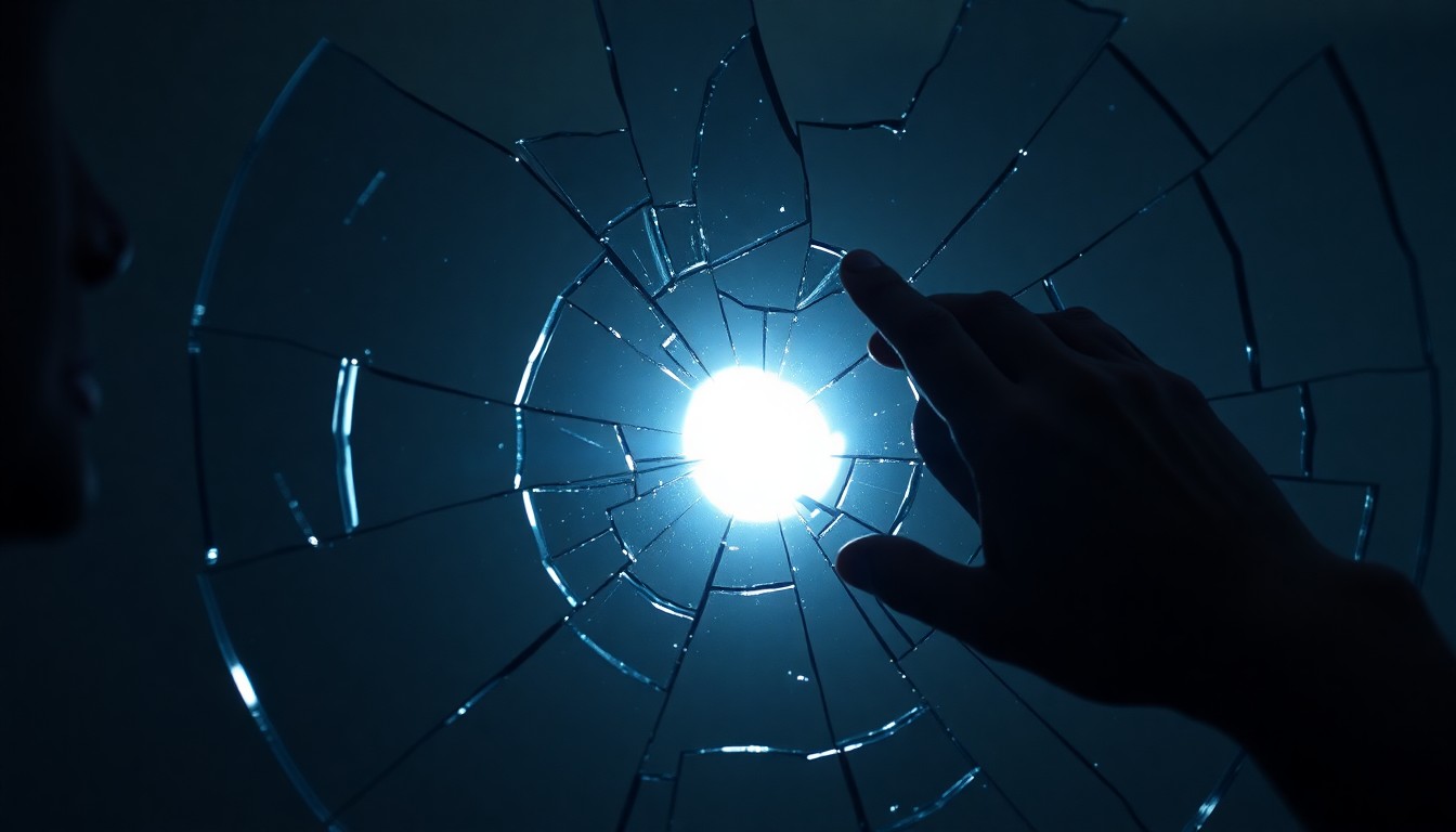 An abstract close-up image of a shattered mirror reflecting a soft, glittering light, conveying the emotional fragility and complexity of relationships.