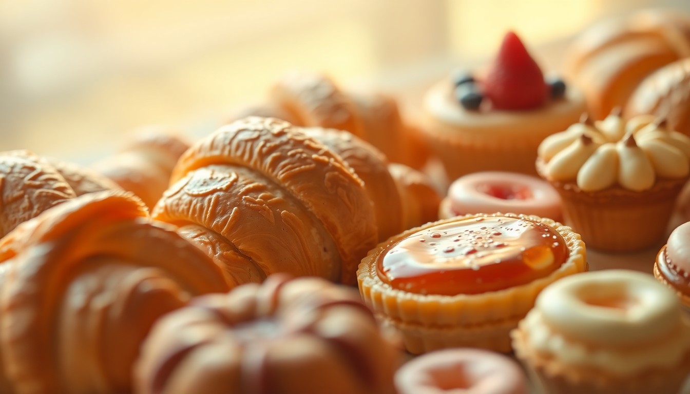 A soft, out-of-focus photograph in warm, hazy tones depicting an assortment of freshly baked pastries, including flaky croissants, glistening fruit tarts, and delicate macarons, floating in a dreamlike, atmospheric setting that evokes a sense of artisanal craftsmanship and indulgence.