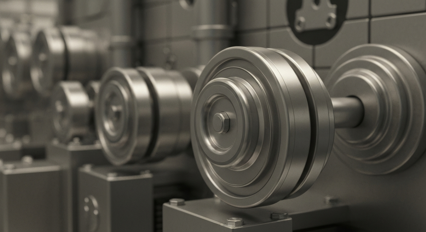 An extreme close-up of gleaming, intricate industrial machinery and equipment, conveying a sense of the institutional strength and financial security of the banking sector without using any literal currency or financial symbols.