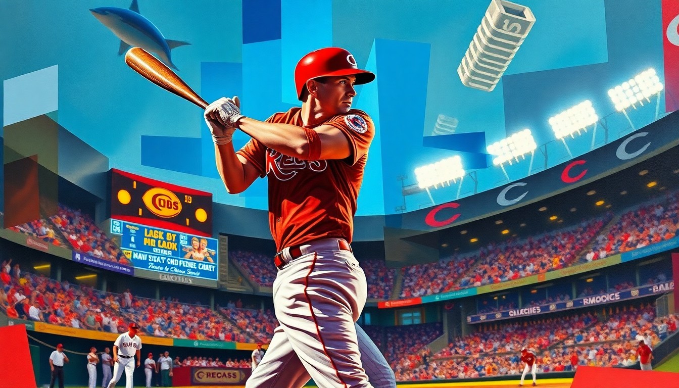 A dynamic, cubist-inspired painting depicting a fractured, geometric interpretation of a baseball player's powerful swing, using bold colors and angular shapes to capture the raw energy and athleticism of the moment.
