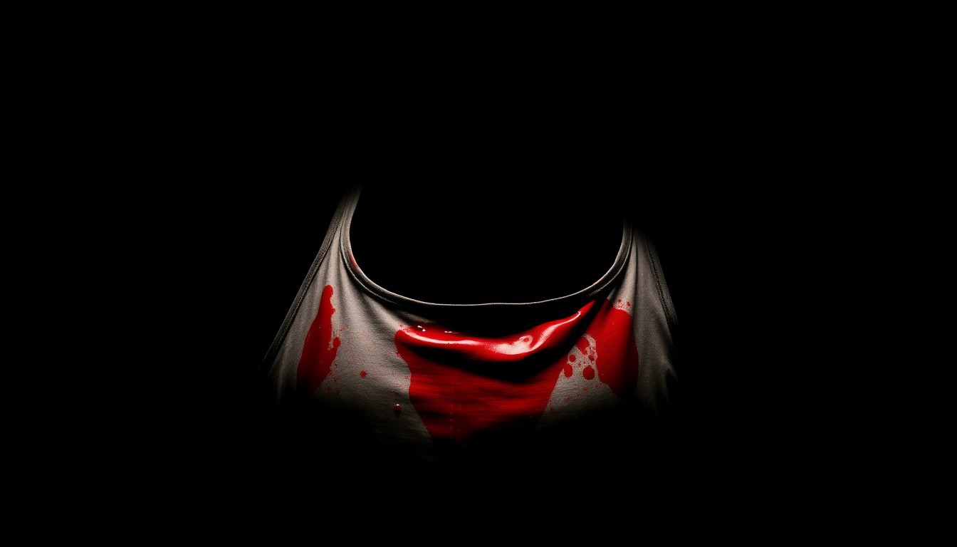 An extreme close-up of a bloody, twisted tank top, conceptually illustrating the violent nature of the crime.