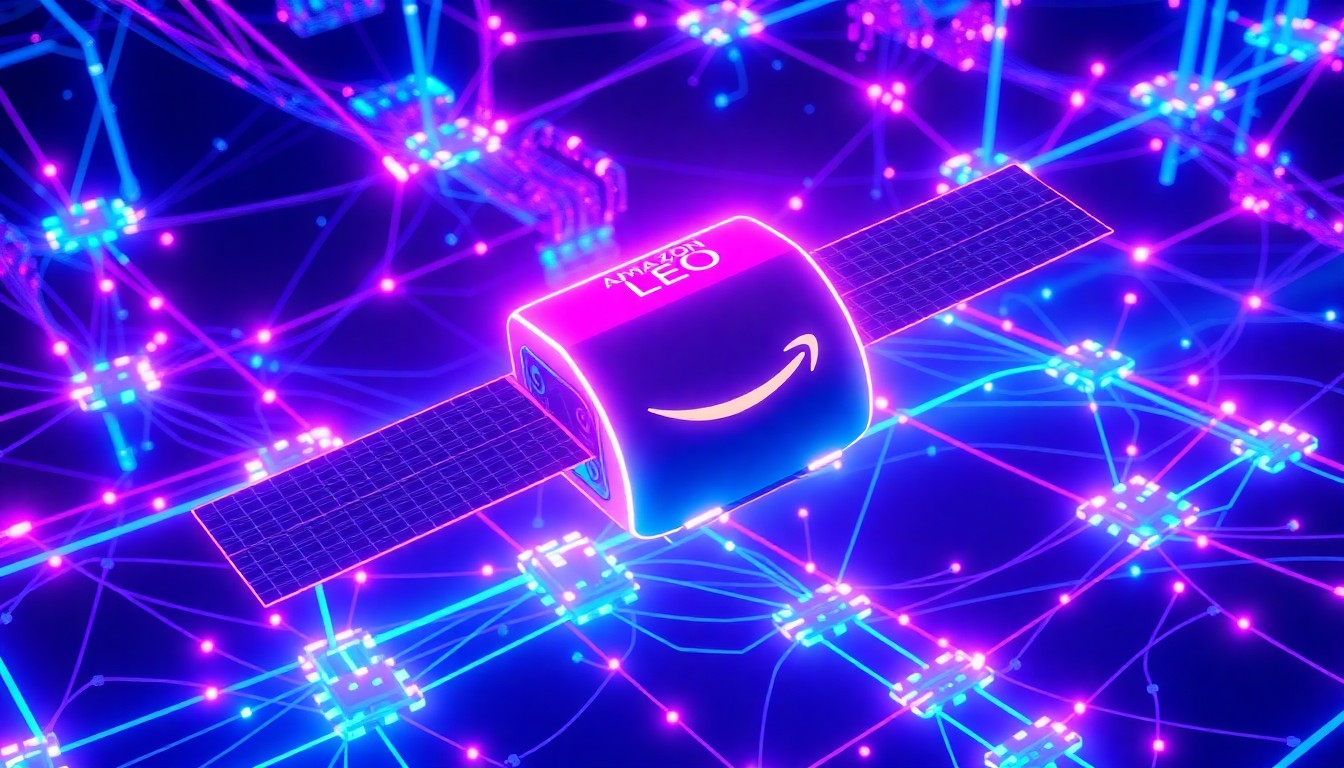 A highly detailed, glowing 3D illustration of an angular, futuristic satellite surrounded by a network of illuminated data cables, representing the advanced technology and connectivity of Amazon's Leo satellite internet service.