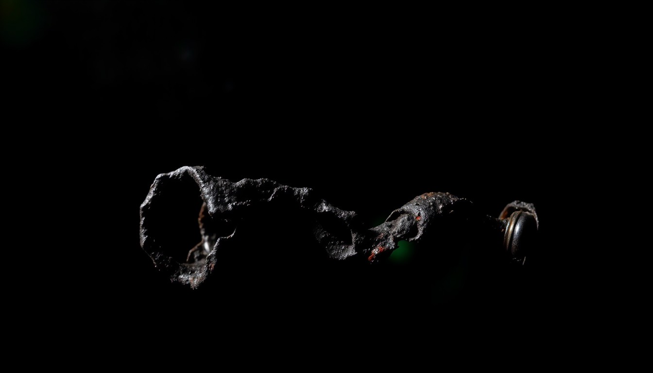 An extreme close-up of a charred, twisted metal object against a pitch-black background, conveying a stark, gritty, and investigative aesthetic about a property crime incident.