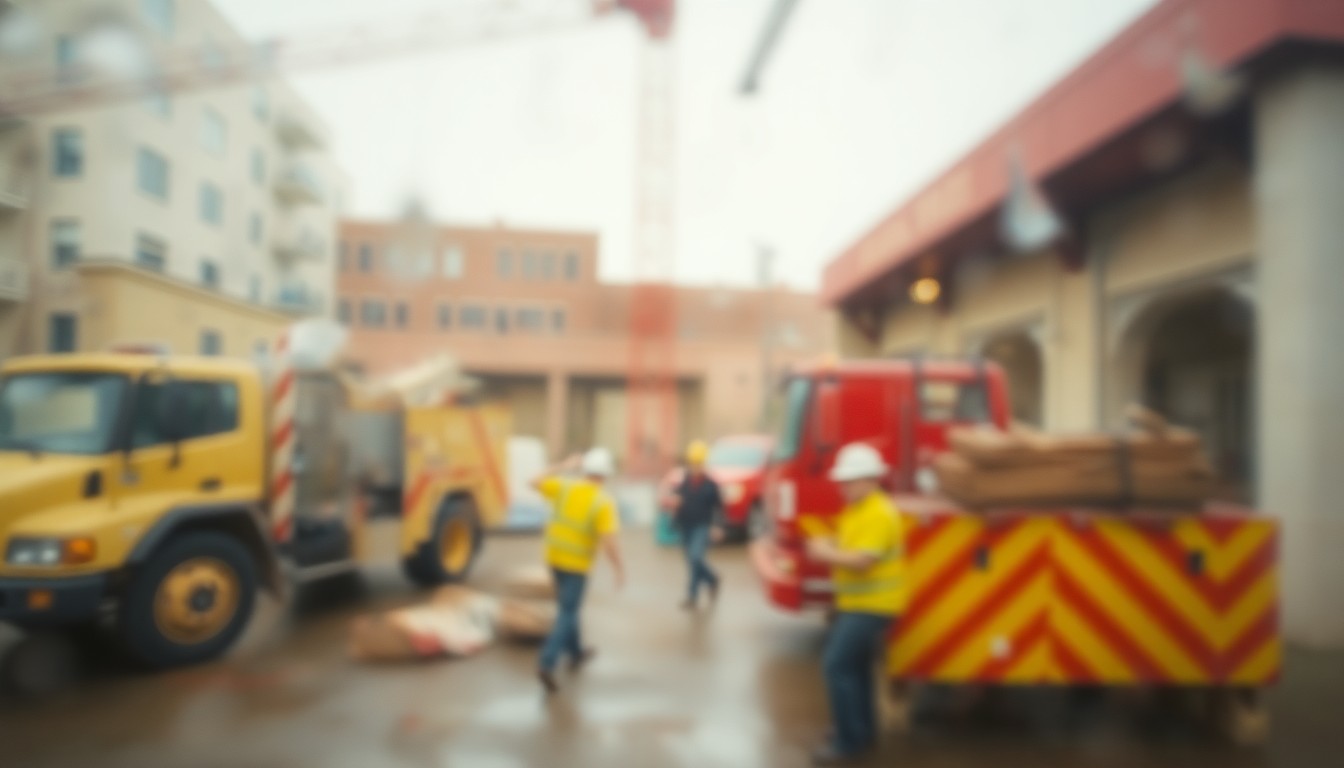 An impressionistic, out-of-focus scene of construction equipment and workers at a fire station site, captured in a warm, hazy color palette that evokes the feeling of progress amid temporary disruption.